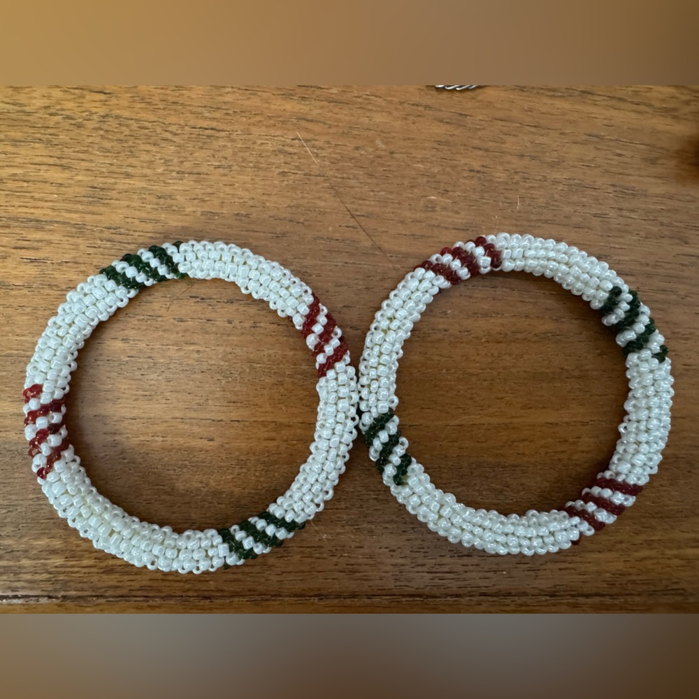 Seed Crochet Beaded Bracelets - White, Red, and Green, Set of 2, Child Sized